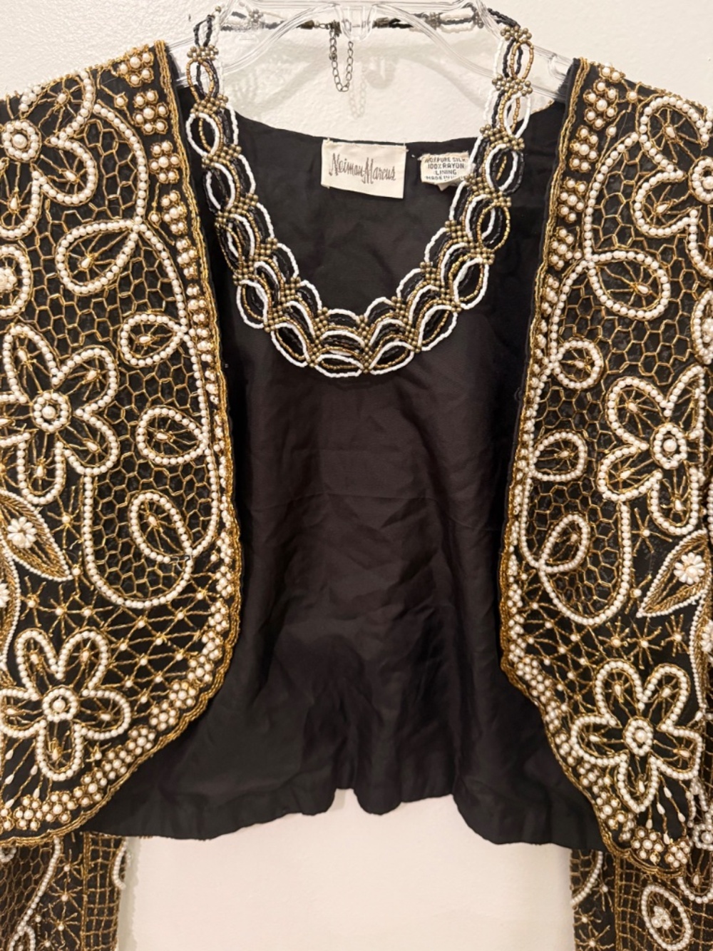 RARE VTG Neiman Marcus Silk, Beaded Bolero with Matching Necklace. SZ S